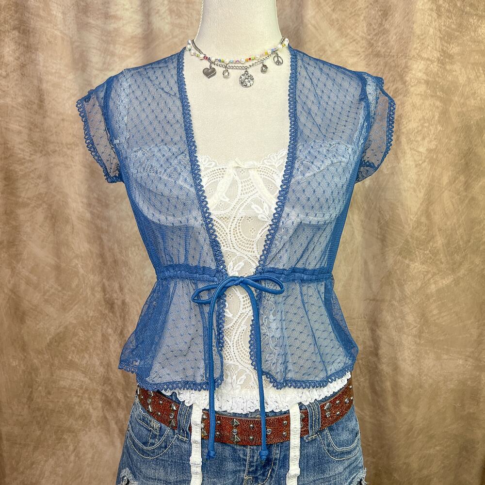 Vintage Mesh Cardigan Shrug Open Front Bolero Peplum Short Sleeve Retro Coquette
